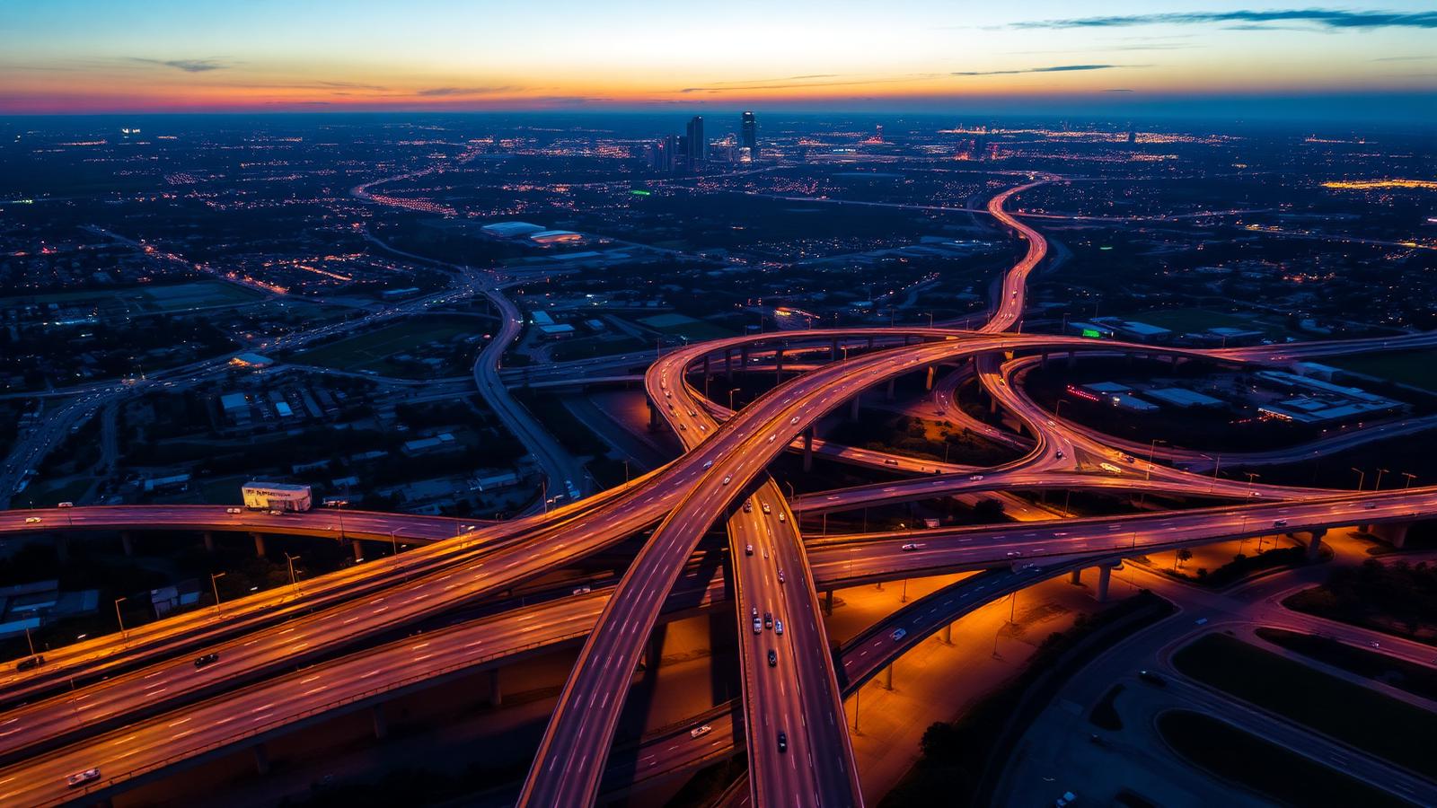 Stacked freeway interchange curving above flat Houston, Texas suburban sprawl