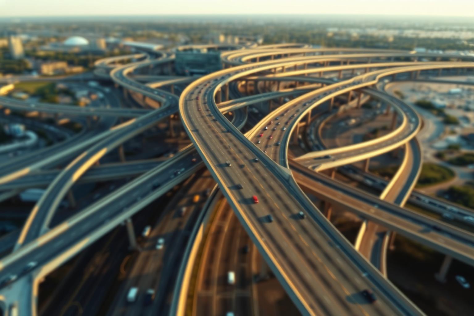 Multi-level freeway interchange with sweeping ramps on the flat outskirts of Dallas, Texas