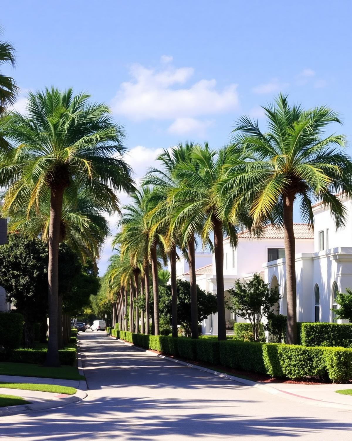 Palm-lined upscale residential street of white homes and bougainvillea in Fort Lauderdale, Florida