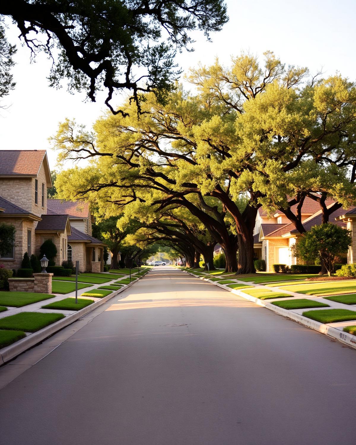 Quiet Austin, Texas residential street of limestone-clad homes shaded by live oaks