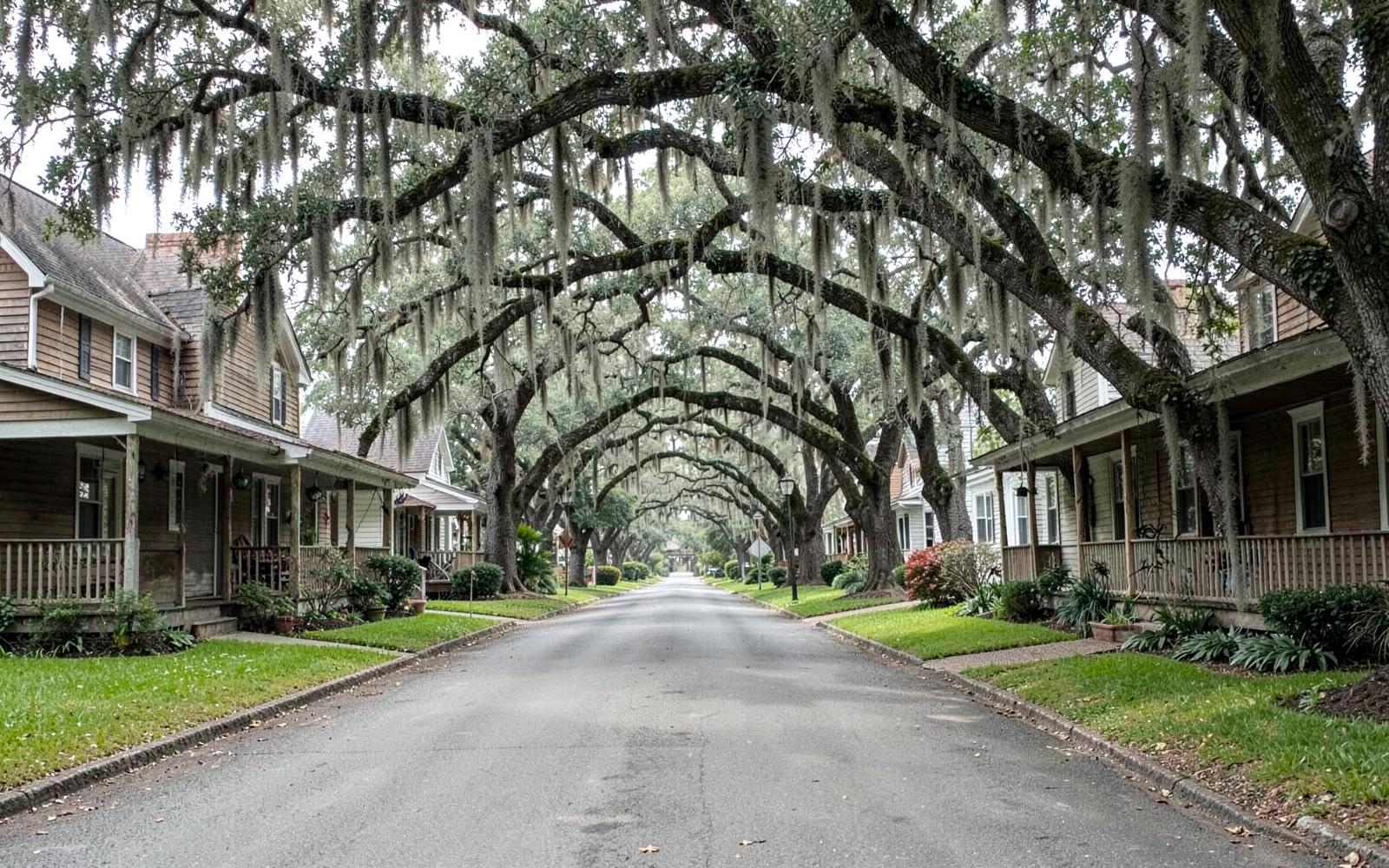 Quiet residential street beneath an arching canopy of live oaks draped with Spanish moss above older wooden homes with deep porches