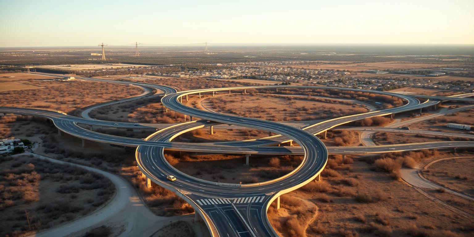 Wide highway loop interchange curving through the flat outskirts of San Antonio, Texas at late afternoon