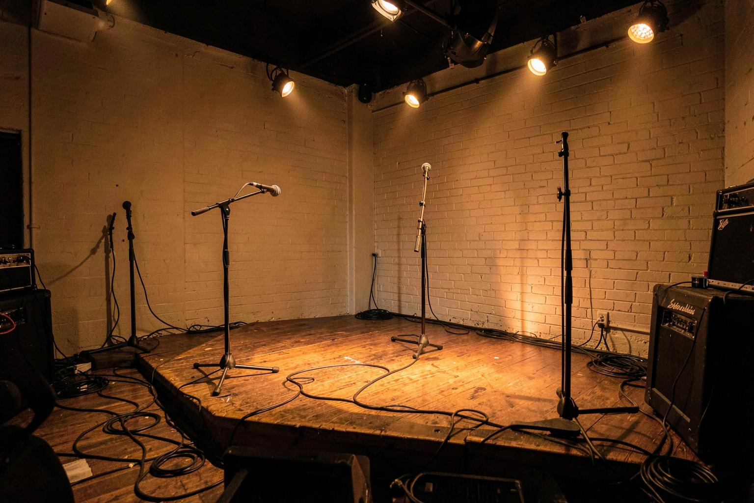 Empty small live-music club stage with microphone stands and coiled cables under warm amber lights before opening