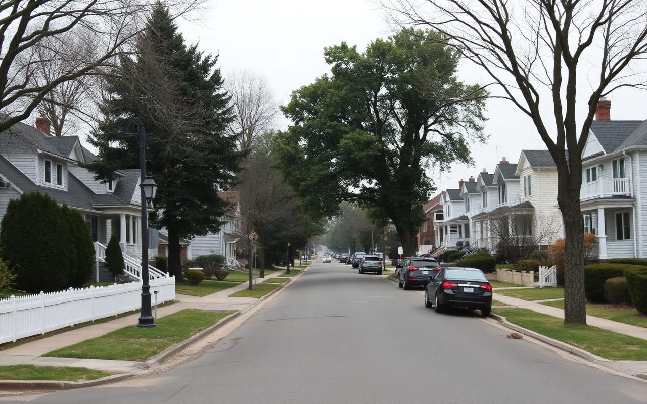 Residential Hempstead street with postwar single-family homes, driveways and fenced front yards under overcast coastal light