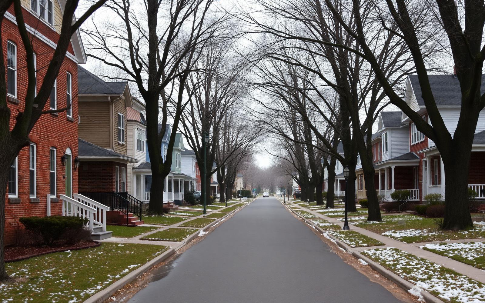 Historic residential street in a Rochester neighborhood lined with pre-war homes and mature trees