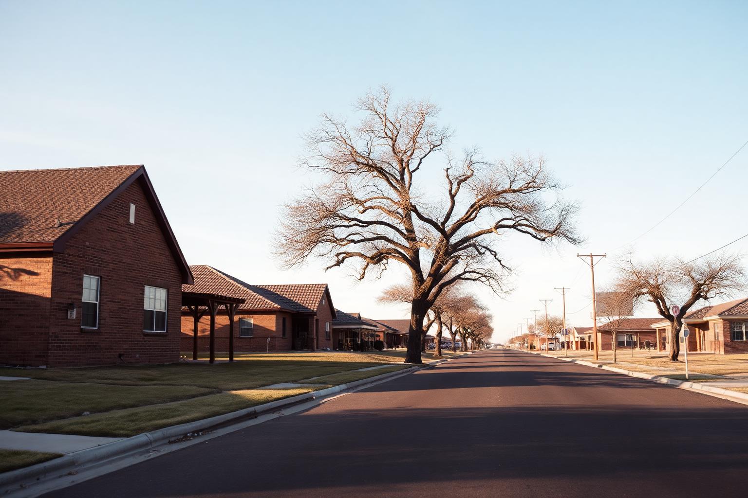 Quiet residential street of brick homes in an established Lubbock neighborhood