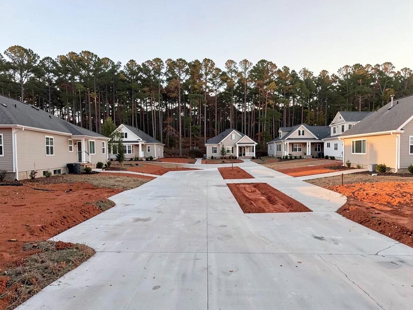 New houses under construction on cleared red clay lots with fresh concrete driveways and thin new grass