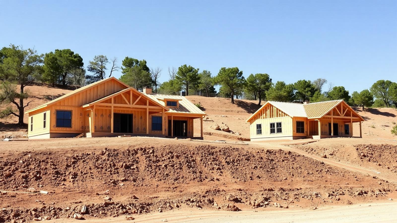 New houses under construction on graded lots in the Texas hill country outside Austin