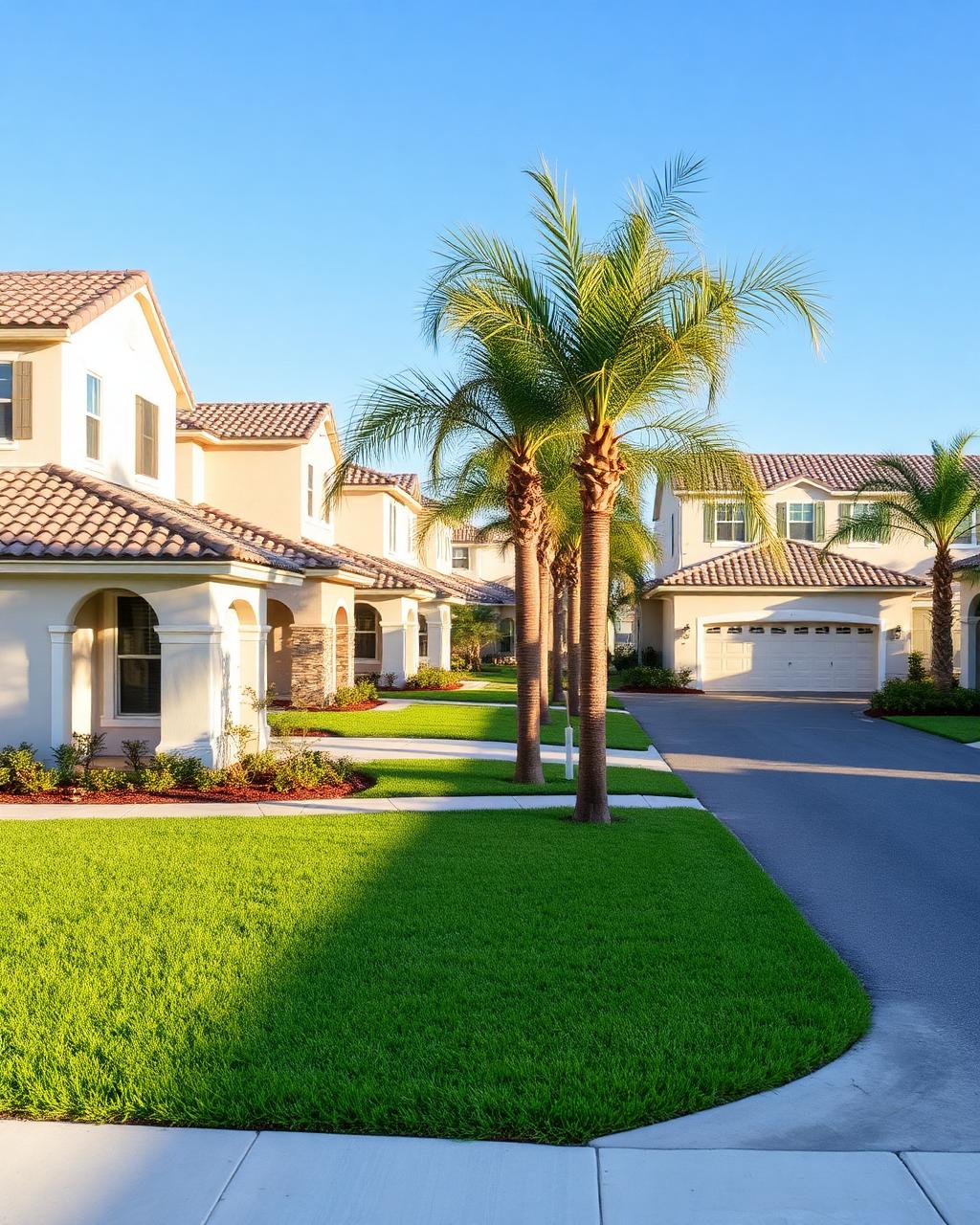 Newly built Central Florida subdivision street with stucco homes, tile roofs and fresh sod