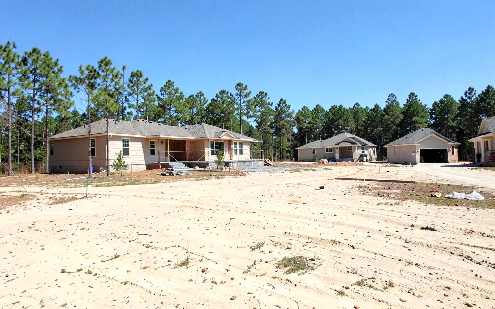 Newly built houses on cleared pale sandy lots with bare unlandscaped yards and a pine treeline behind under bright blue sky