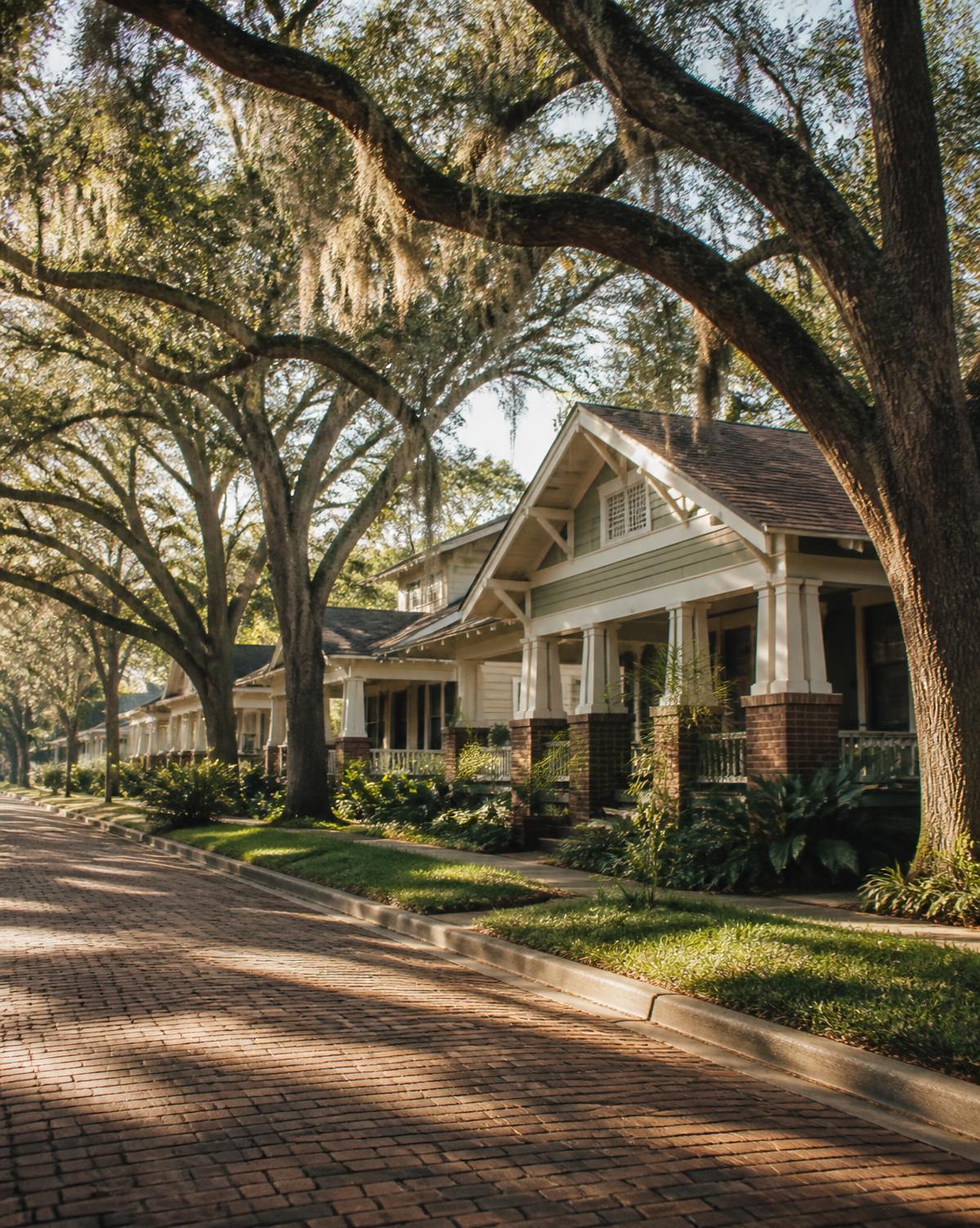 Oak-shaded brick street of historic craftsman bungalows in the Old Northeast neighborhood of St. Petersburg