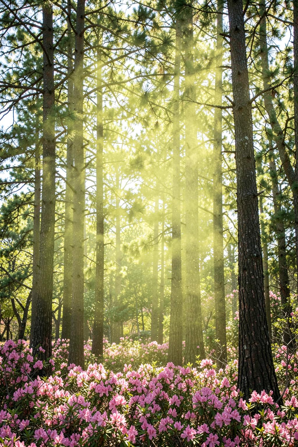 Tall southern pines releasing yellow pollen haze in spring sunlight above a bank of blooming pink azaleas