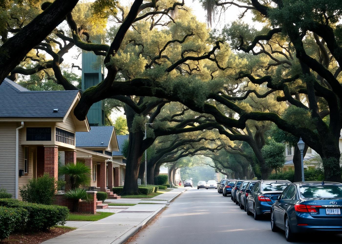 Historic Riverside neighborhood street in Jacksonville with brick homes, porches and mature shade trees