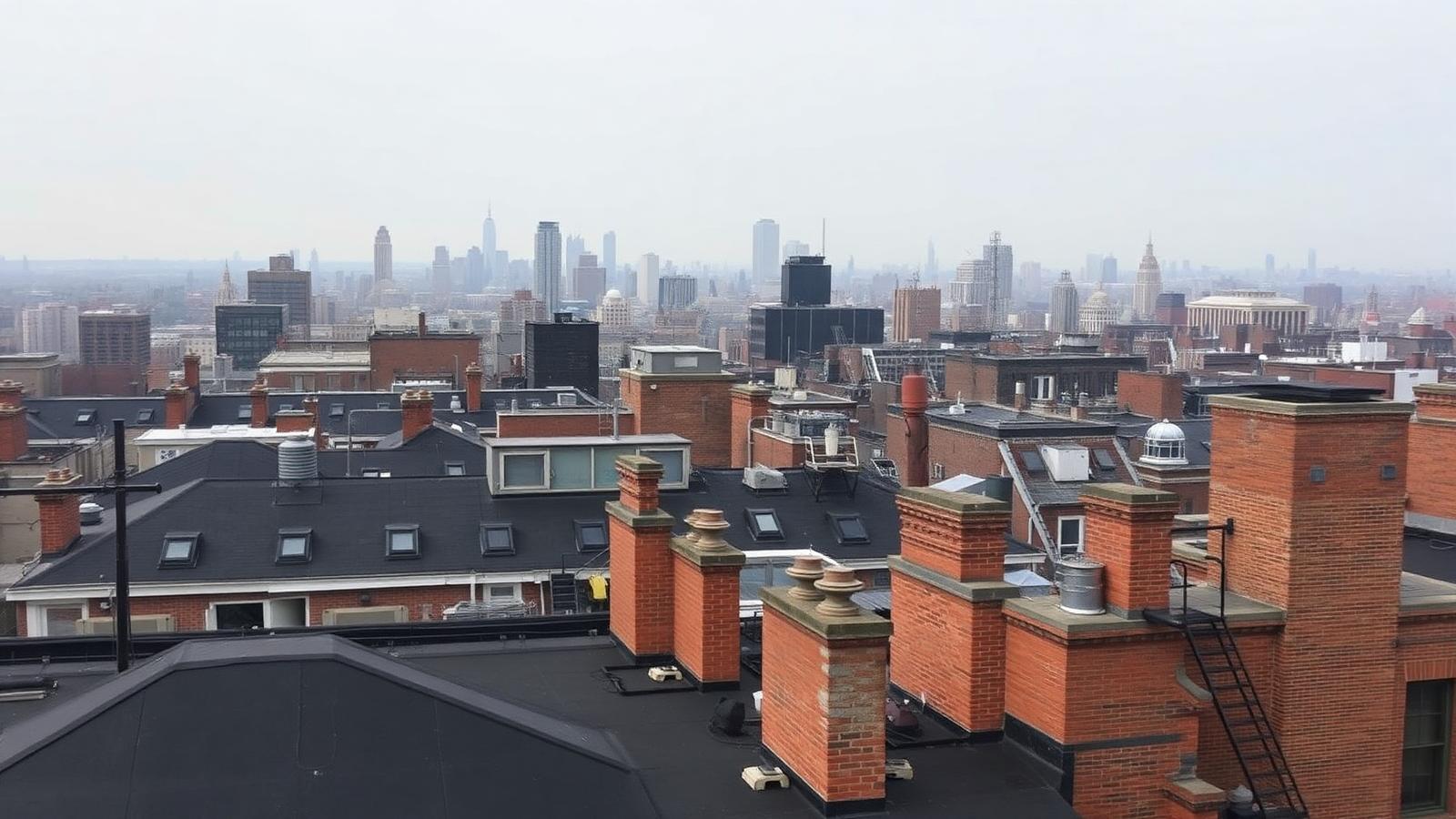 New York City rooftop view over dense apartment buildings and water towers