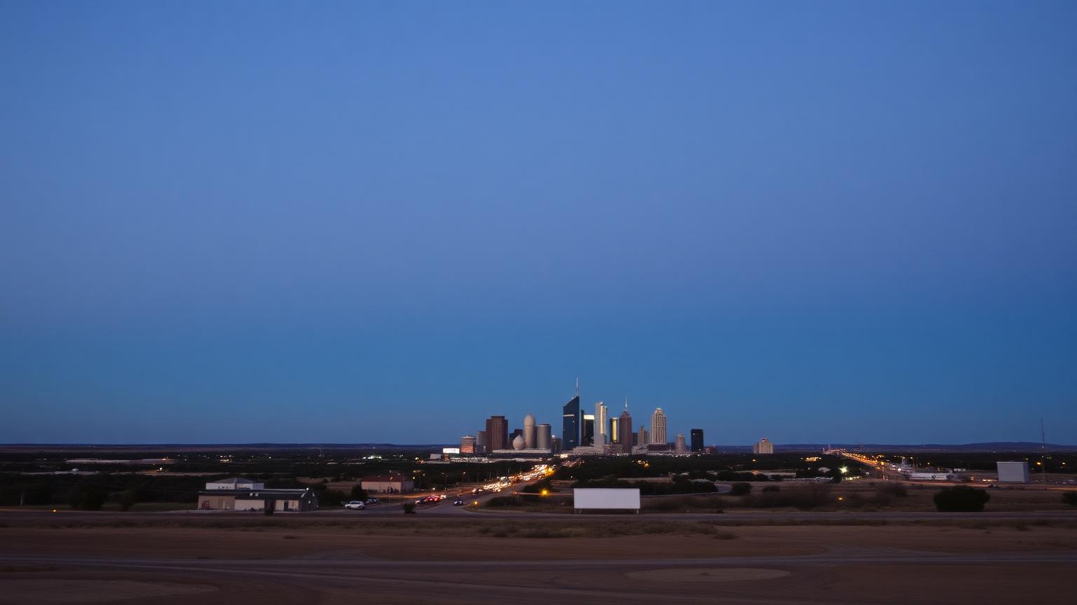 Low Lubbock skyline at dusk under a wide open plains sky