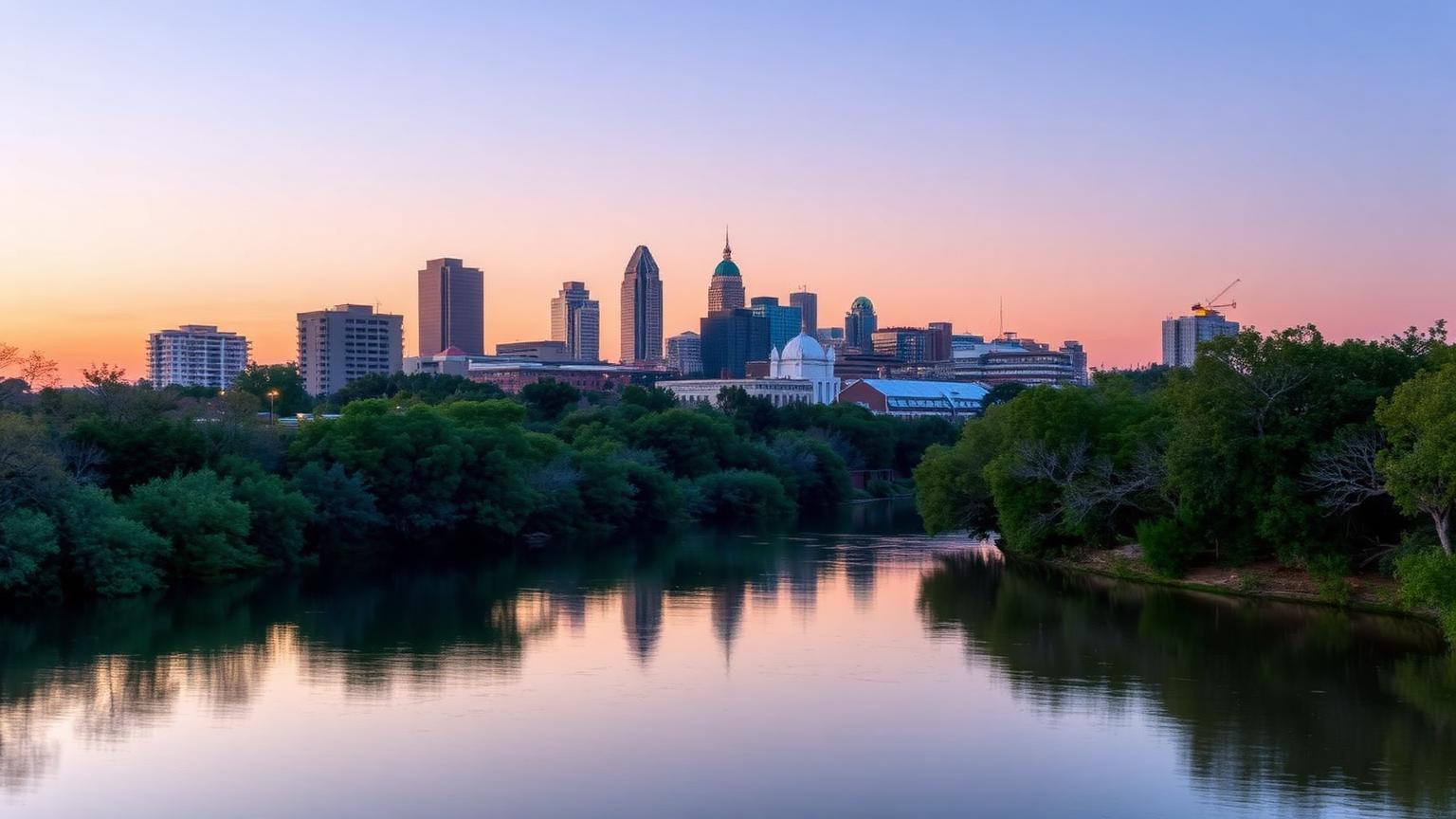 San Antonio, Texas skyline at dusk seen across a calm river bend lined with cypress trees