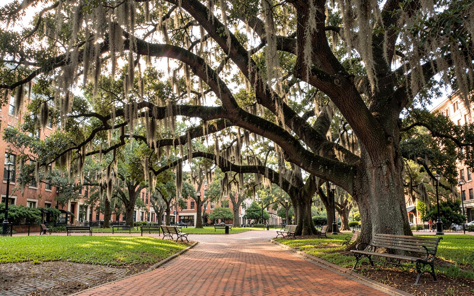 Ancient live oak branches hung with Spanish moss arching over a brick walkway in a shaded city square