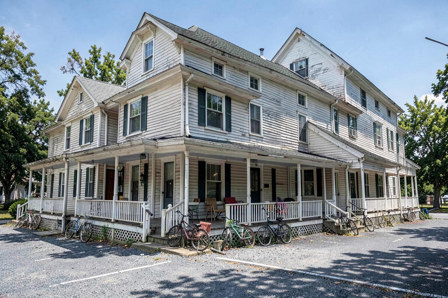 Large older clapboard house divided into rental apartments with a wide porch and bicycles leaning along the railing