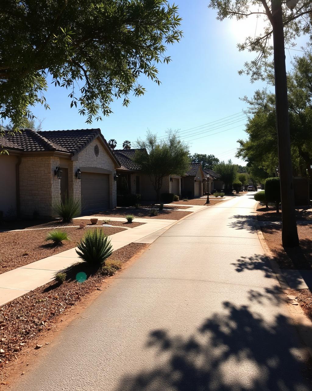 Quiet San Antonio, Texas residential street of limestone and stucco homes with xeriscaped yards
