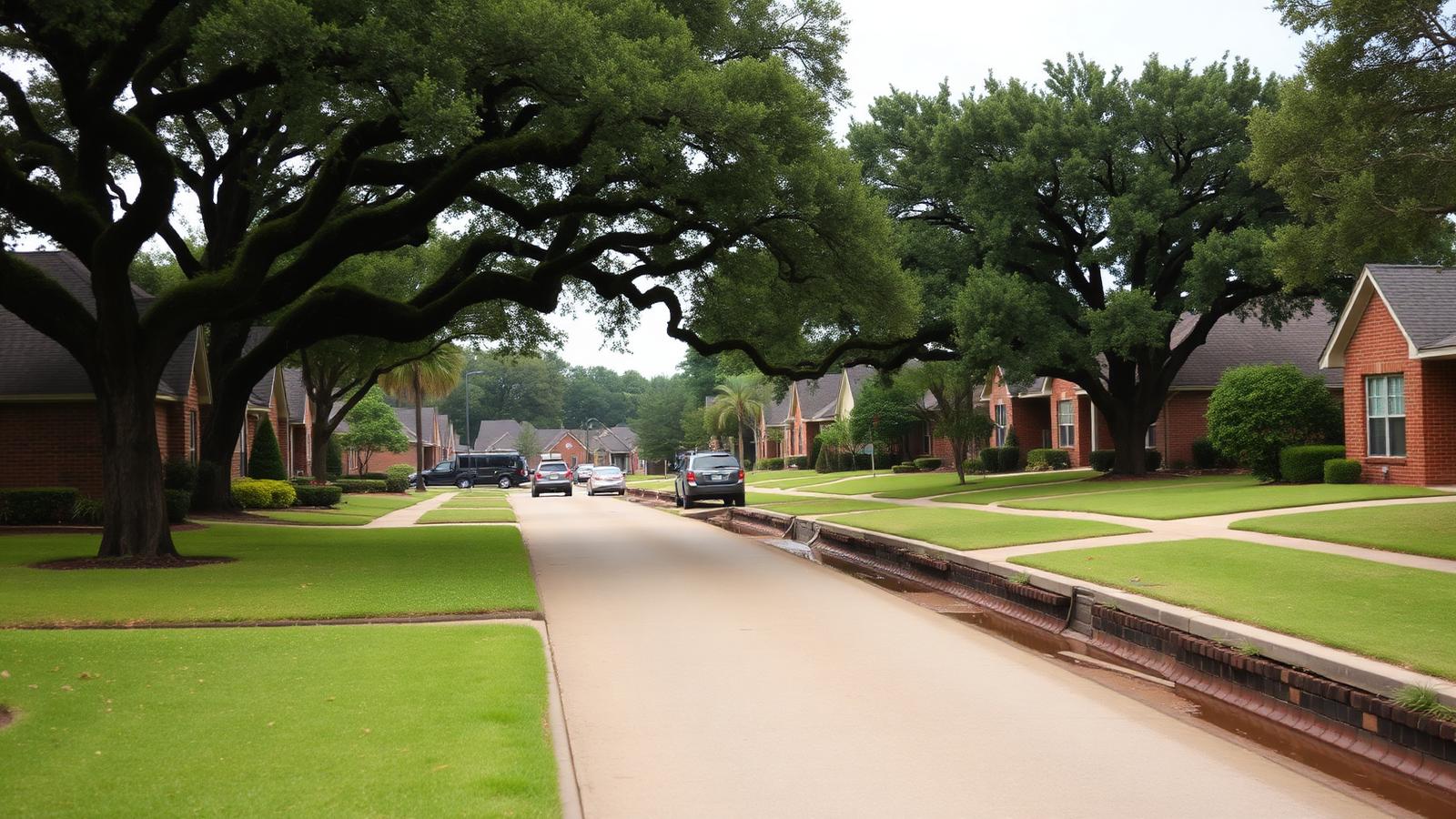 Quiet Houston, Texas residential street of brick homes with wide drainage curbs