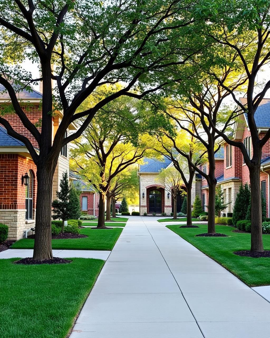 Affluent new-construction suburban street of large brick homes north of Dallas, Texas