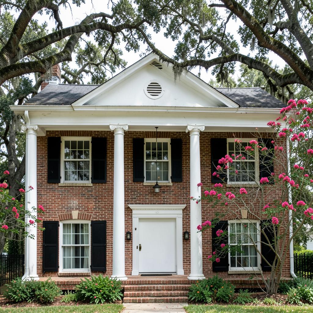 Early twentieth century southern brick house with white columned porch and black shutters shaded by old oaks and blooming crape myrtle