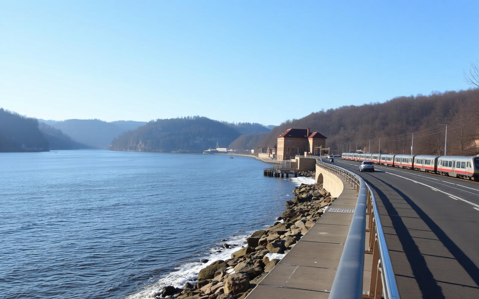 Hudson River waterfront in Yonkers with the riverside promenade and Metro-North rail line visible