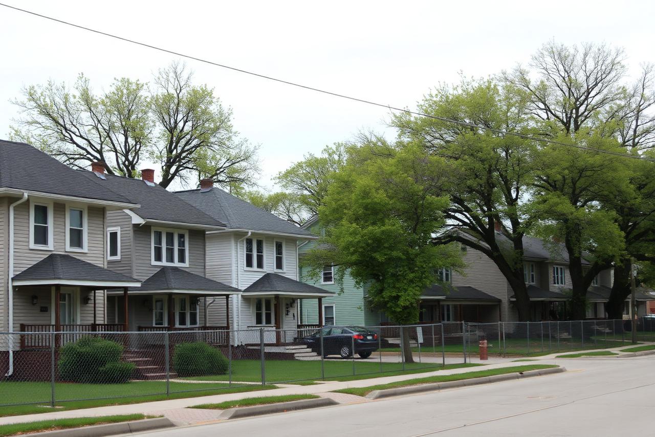 Street of modest older frame houses with small front porches and chain-link fences beneath mature trees