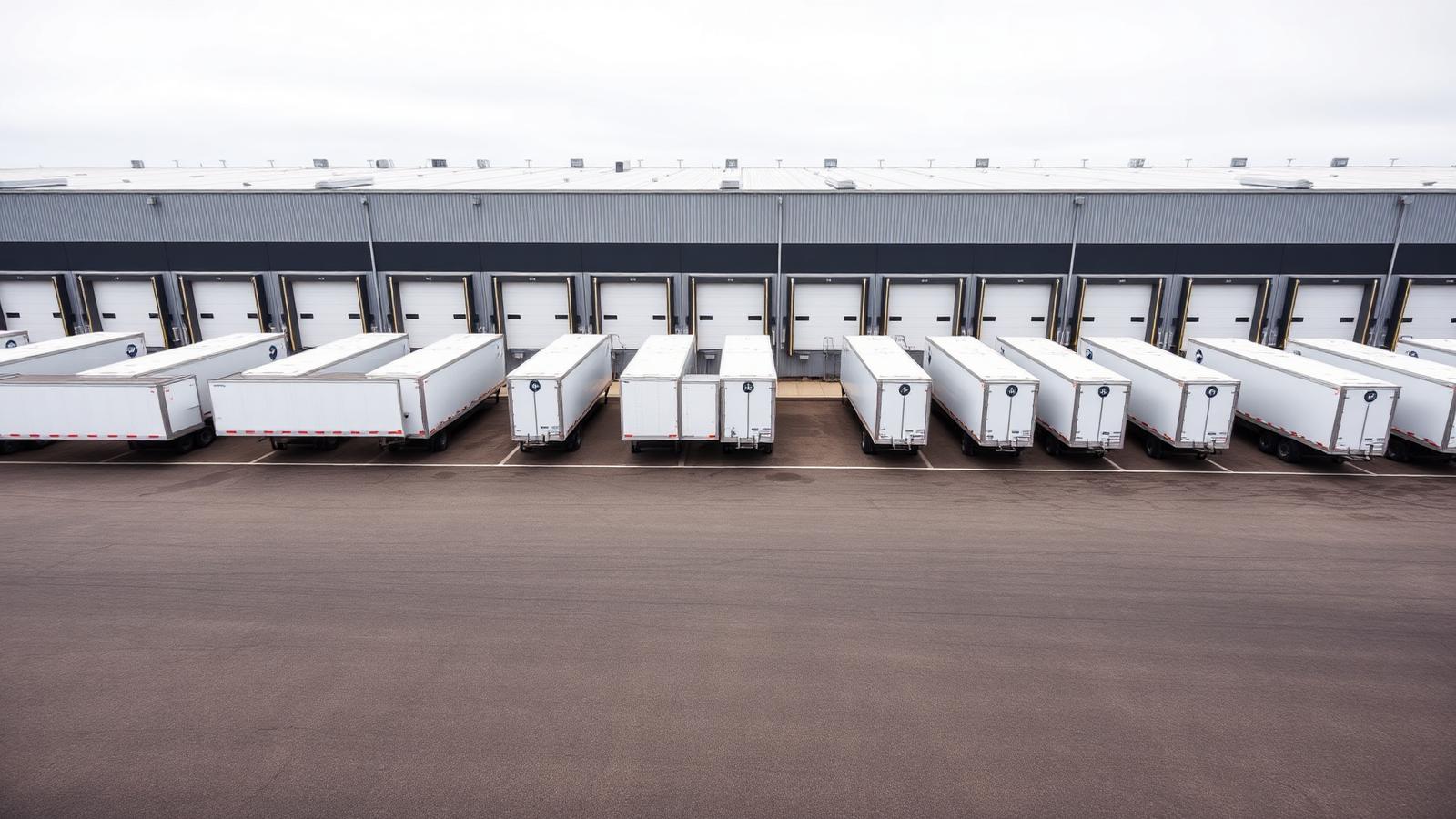 Rows of unmarked freight trailers backed into loading dock doors along a long distribution warehouse