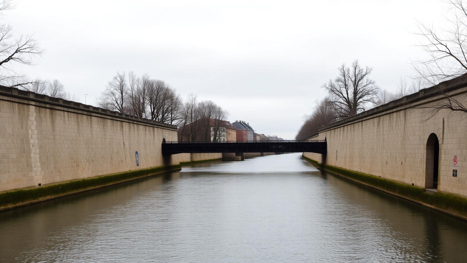 Wide slow river running between tall limestone canal walls with an old steel bridge crossing in the distance under a gray sky