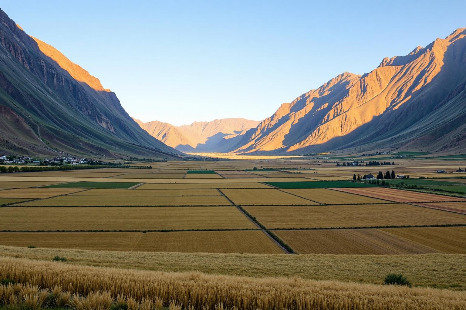Wide agricultural valley of irrigated hay and grain fields with scattered farmsteads and steep mountain ranges on both sides in late afternoon light