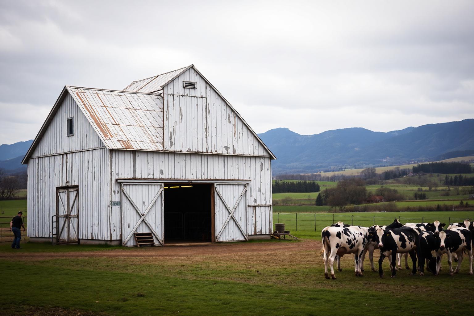 Weathered white dairy barn with holstein cows in a fenced yard and valley pasture and low mountains behind under overcast light