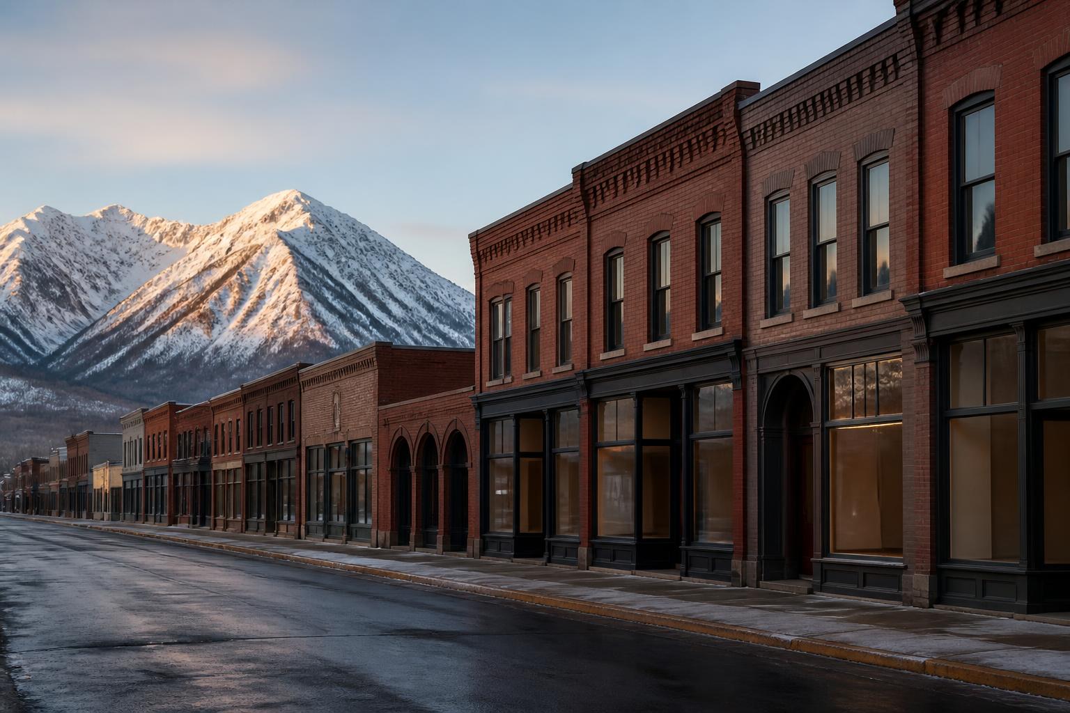 Empty small-city main street at dawn lined with plain late-1800s red brick commercial buildings, a snow-covered mountain range rising behind the rooftops