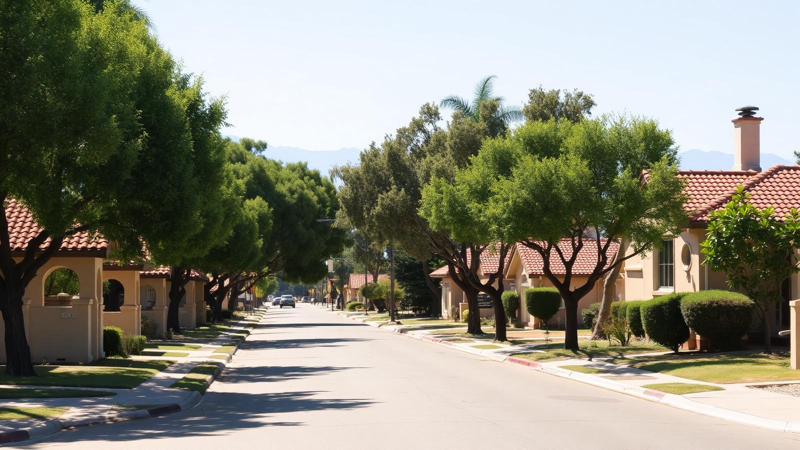 Residential Los Angeles street of 1920s tile-roofed bungalows under mature trees