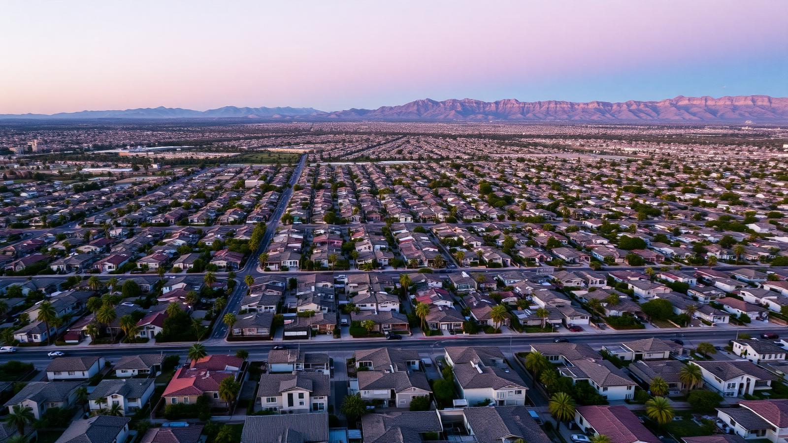 Aerial view of the sprawling Los Angeles residential grid at dusk with dry mountains behind