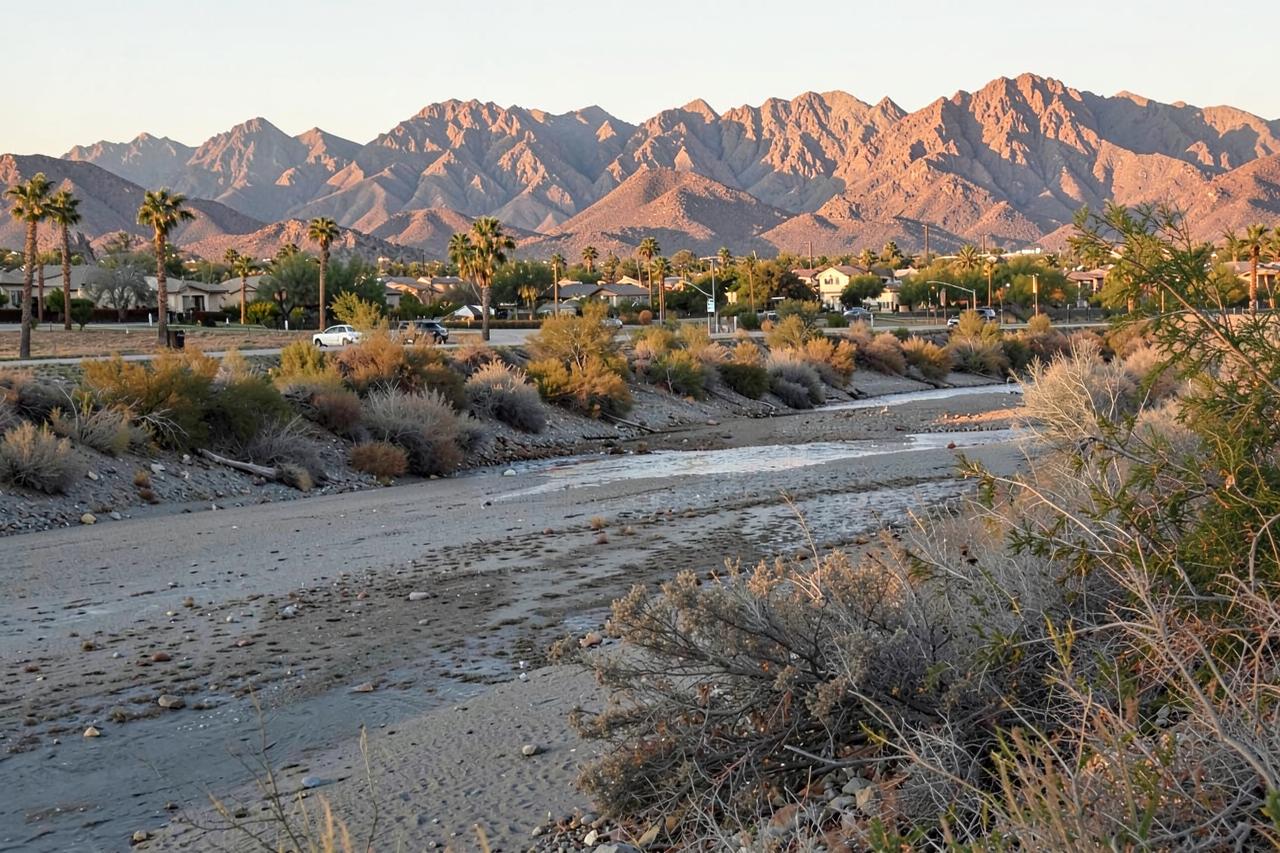 Dry sandy desert wash with brush at the edge of a suburb with rugged mountains beyond in late afternoon light