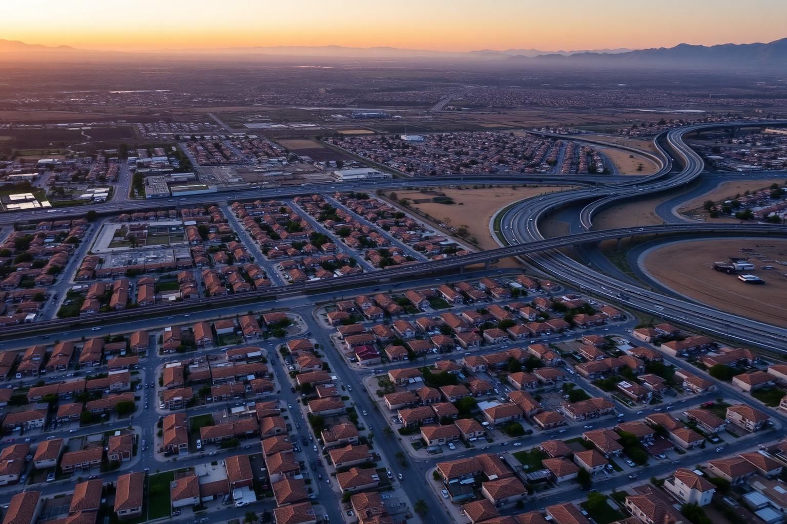 Aerial view of tract-home neighborhoods and canyon-adjacent hills spreading east across Anaheim