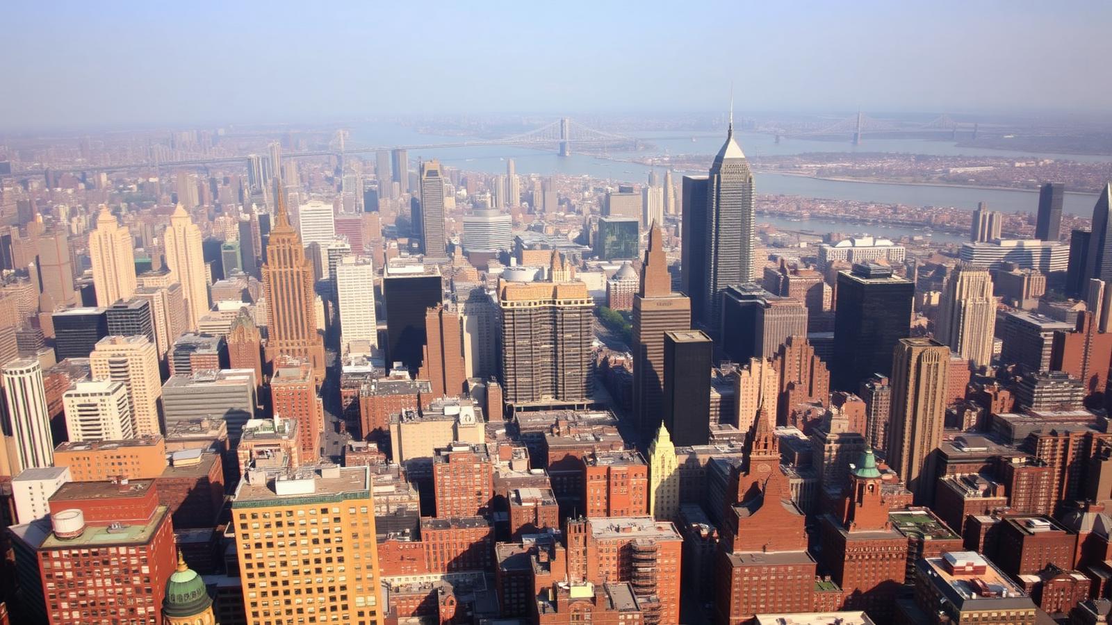 Aerial view of Manhattan's skyline and surrounding boroughs across the New York City waterfront