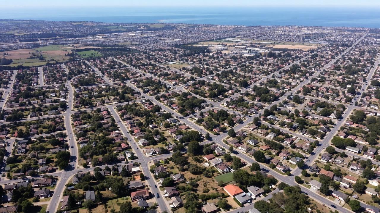 Aerial view of dense East Bay flatland neighborhoods in Oakland stretching toward the bay