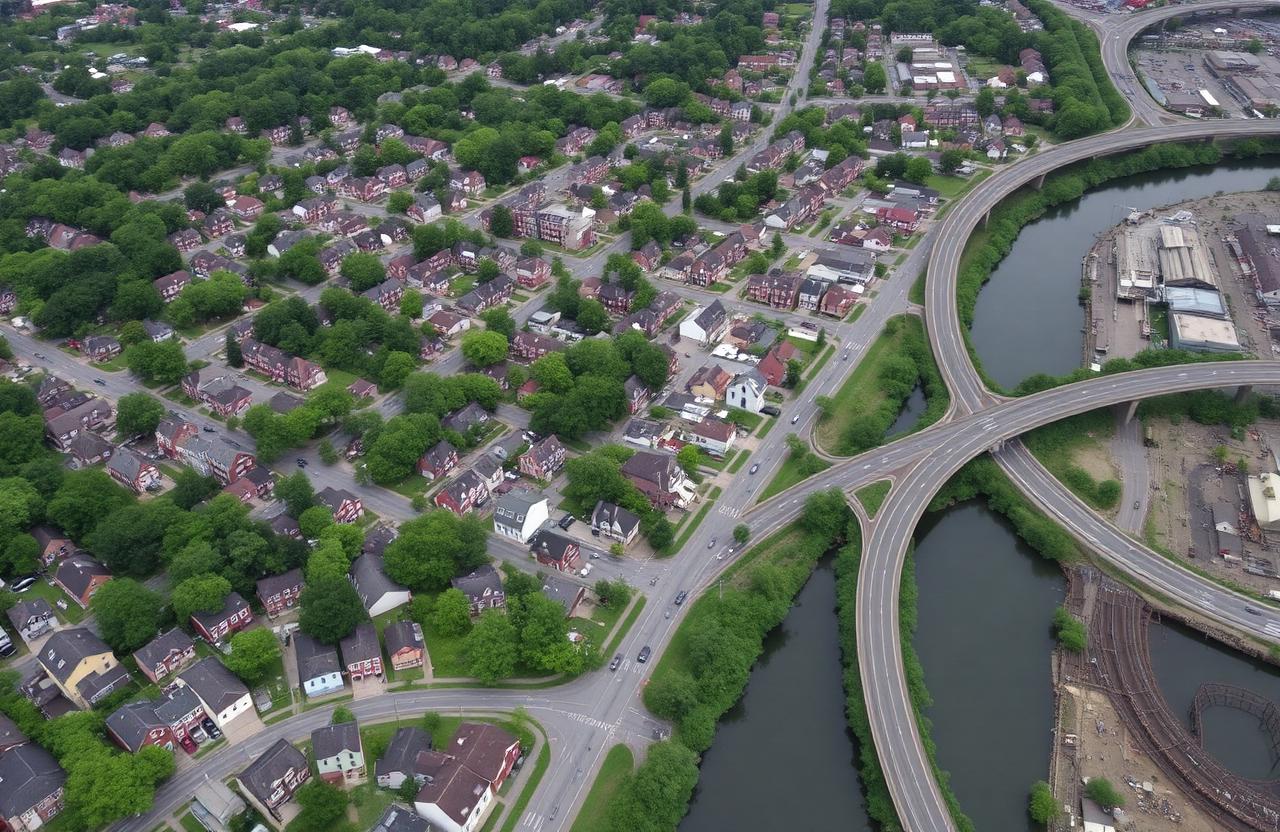 Aerial view of an older small-city neighborhood grid with tree canopy, a river, and a highway curving past industrial land