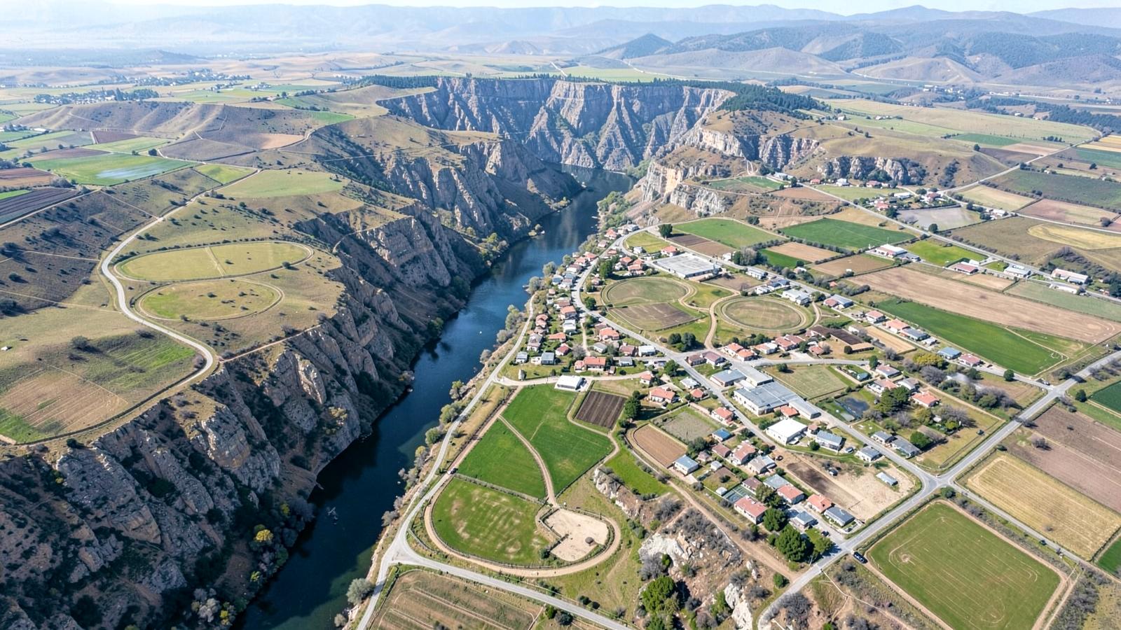 Aerial view of a small city on a flat plain beside a deep river canyon surrounded by irrigated farm fields