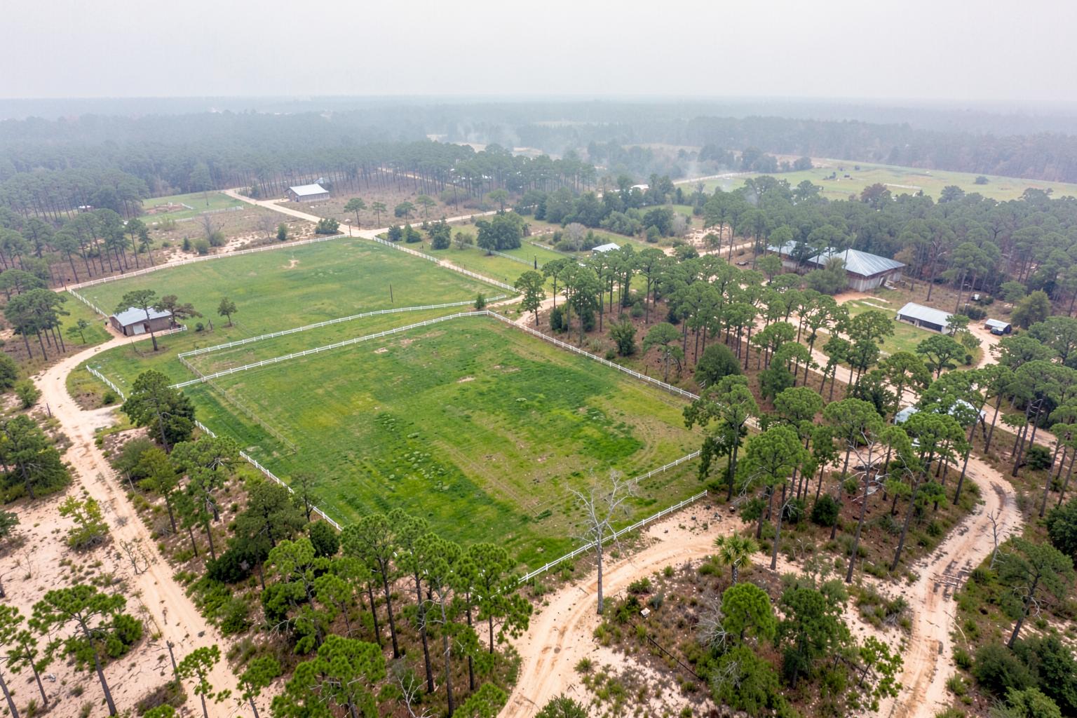 Aerial view of flat sandhills countryside with white-fenced horse pastures, sandy lanes and pine stands