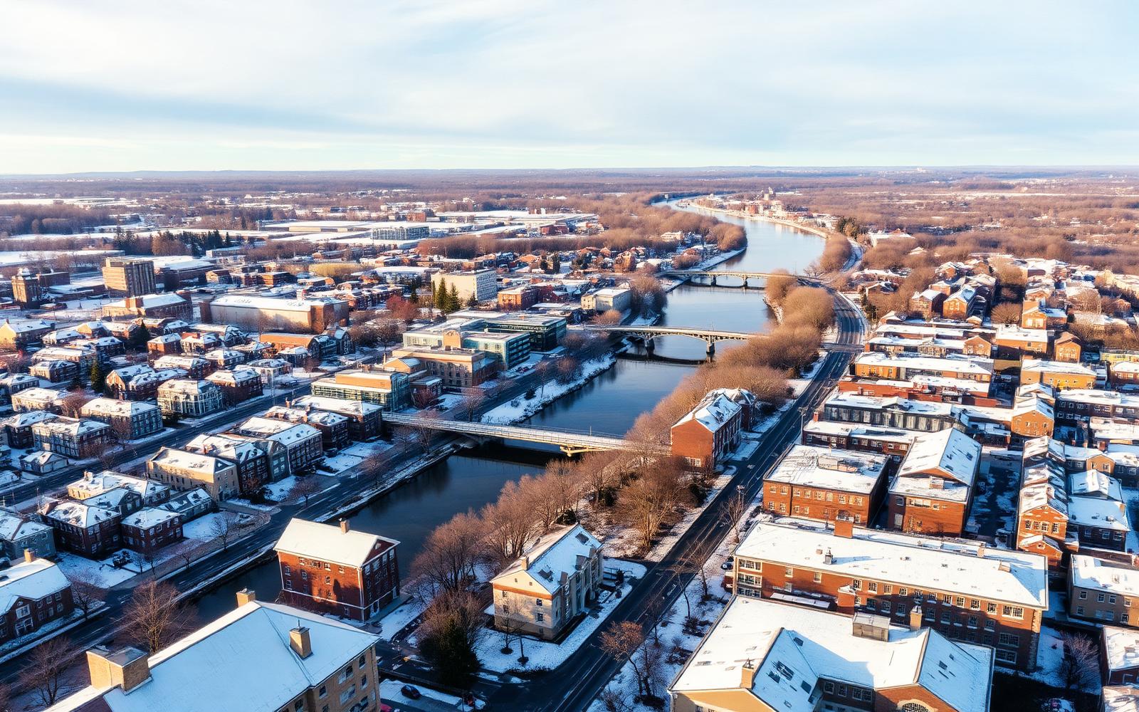 Aerial view of downtown Rochester and the surrounding Monroe County suburbs