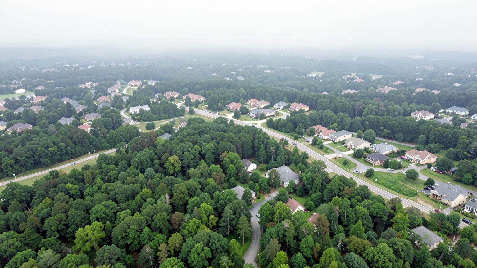 Aerial view of suburban subdivisions and cul-de-sacs threaded through dense green forest with a wide arterial road crossing