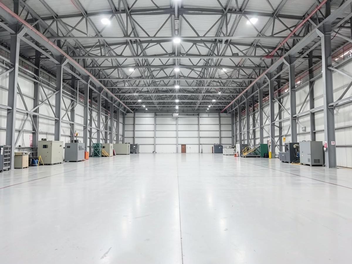Interior of a vast modern aircraft assembly hangar with steel trusses and a clean open floor