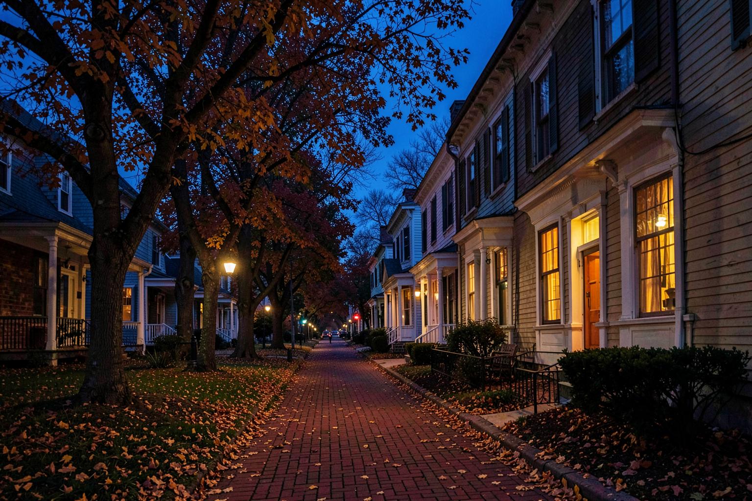 Tree-lined street of older southern houses with warmly lit windows and fallen leaves on a brick sidewalk at deep blue dusk