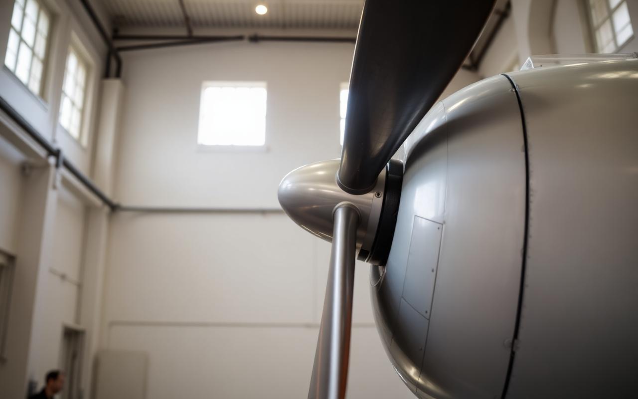 Close view of a vintage propeller and polished metal engine cowling inside a bright museum hall