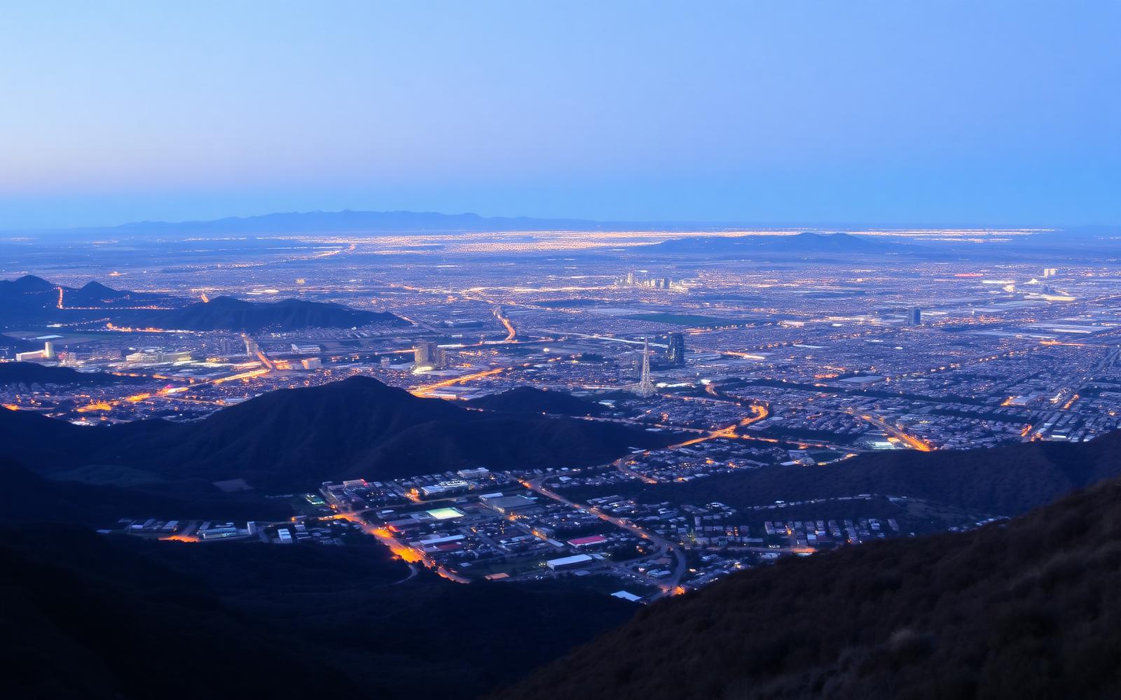 Los Angeles basin skyline and hillsides at dusk