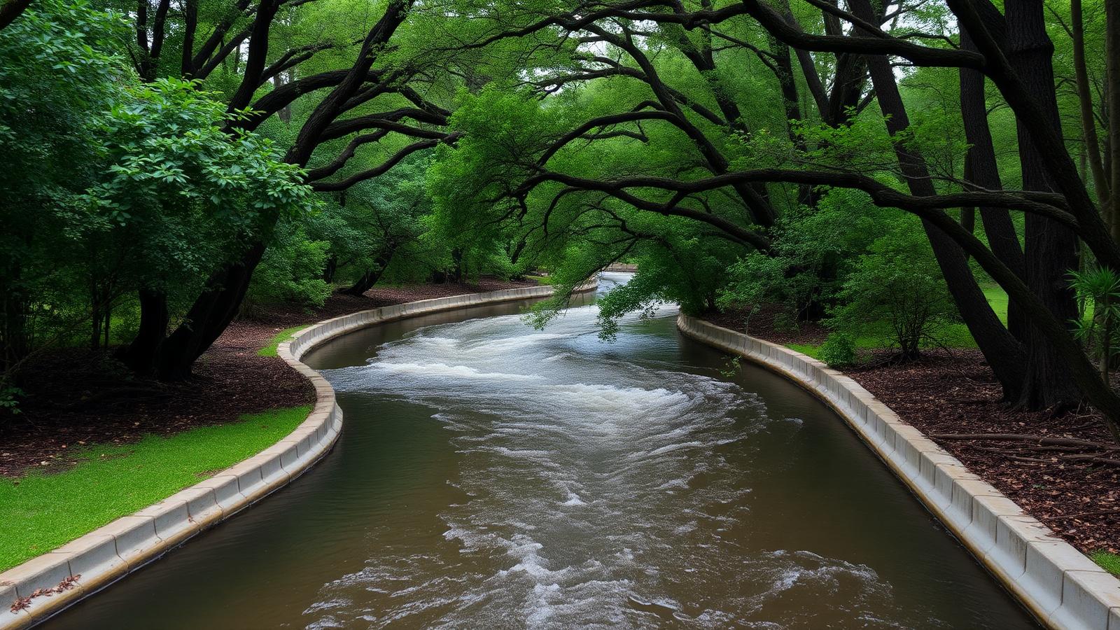 Concrete-lined bayou channel running high through a wooded Houston, Texas neighborhood park