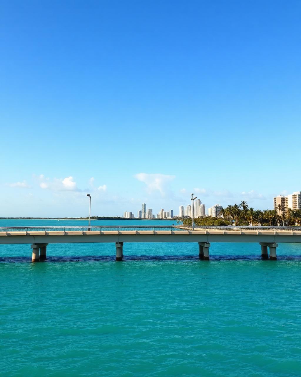 Causeway bridge crossing turquoise Biscayne Bay with the Miami skyline in the distance